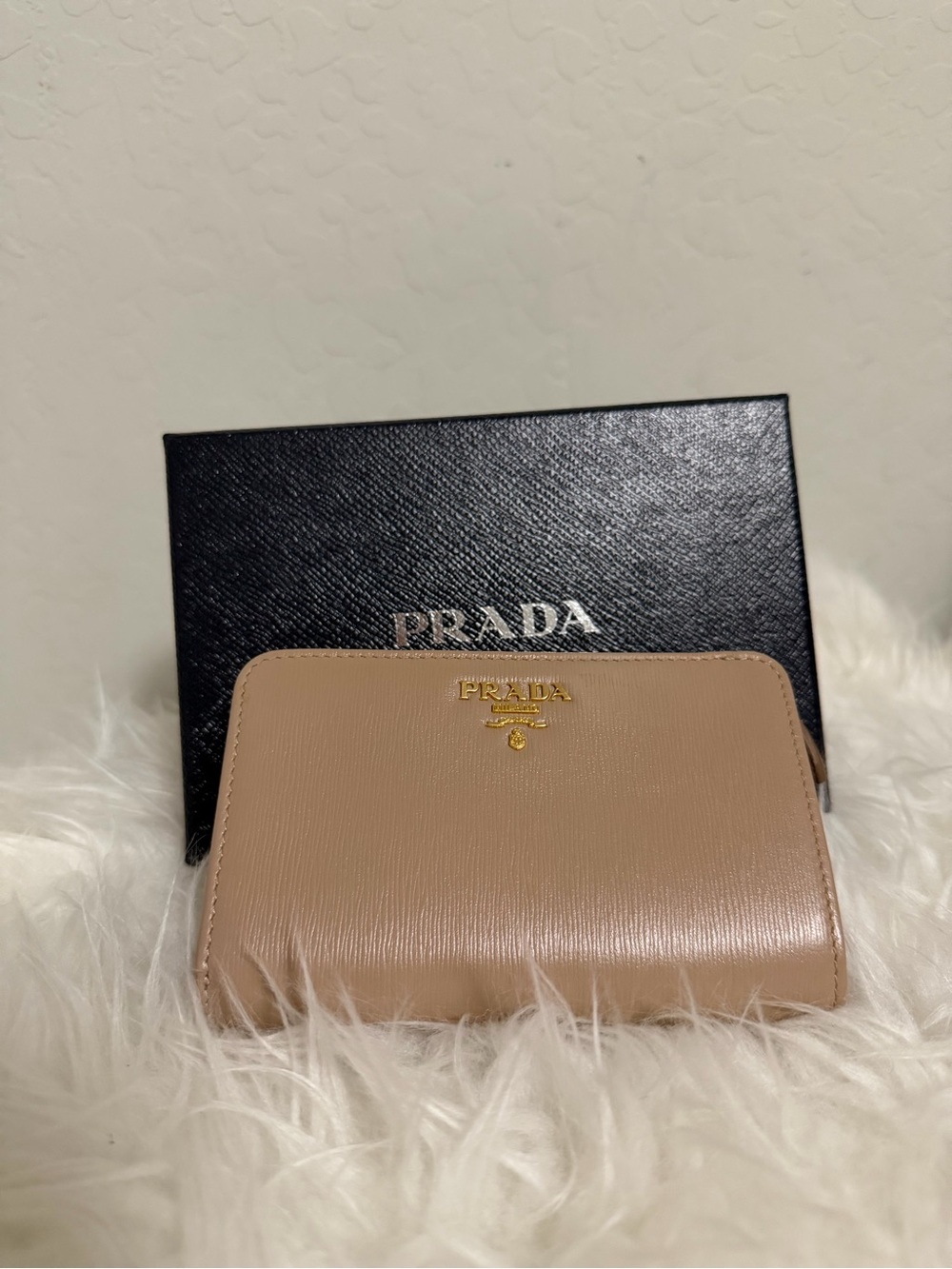 Prada Beige Saffiano Zip Wallet with Gold Logo